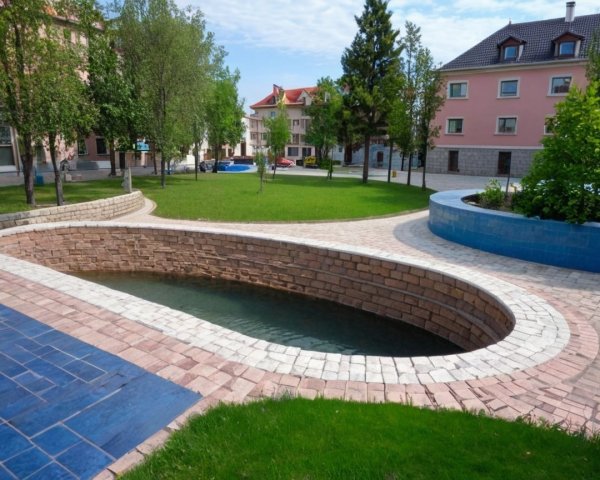 Serene park with stone water feature and pathways