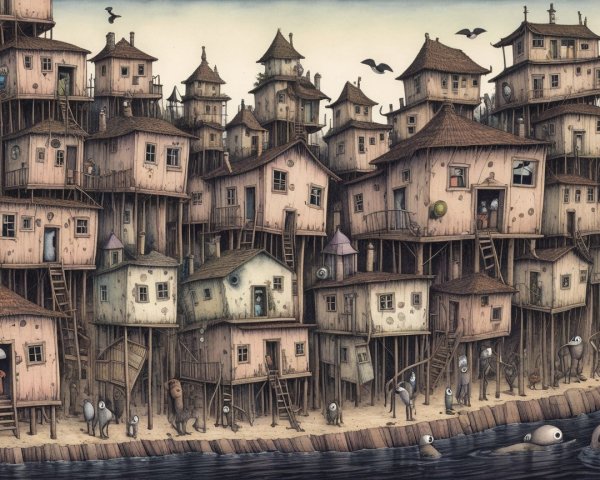 Whimsical Village with Quirky Stilt Houses and Figures