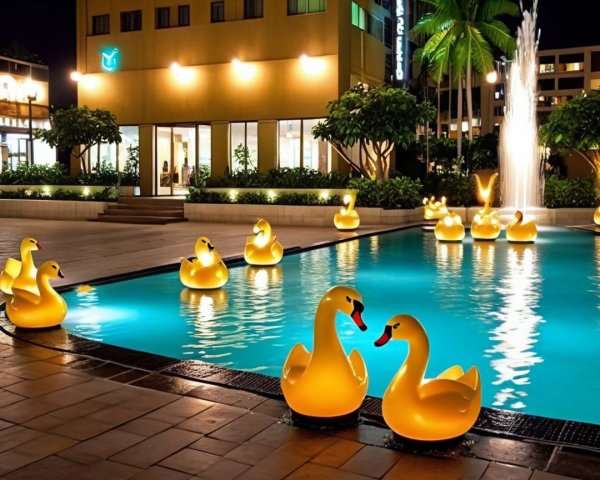 Tranquil Pool with Glowing Yellow Duck Floats