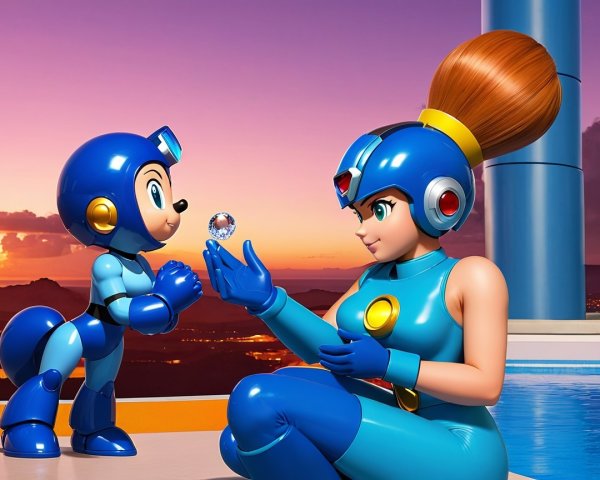 Futuristic Scene with Female Character and Robot at Sunset