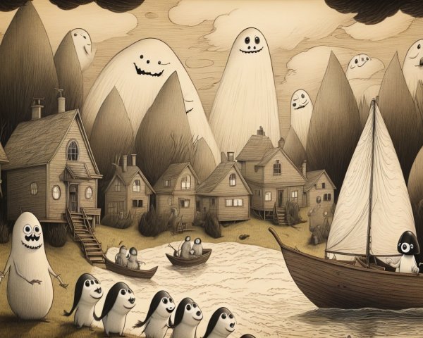 Whimsical Riverside Landscape with Floating Figures