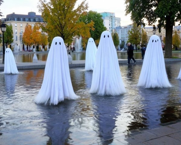 Whimsical Ghost Figures in Urban Park Water Installation