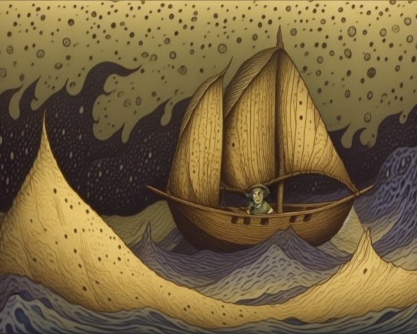 Wooden Sailing Boat on Turbulent Waves Under Stars