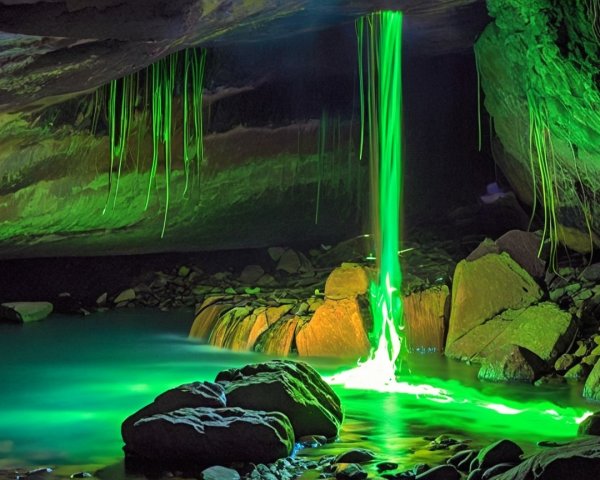 Mystical Underground Cave with Illuminated Water