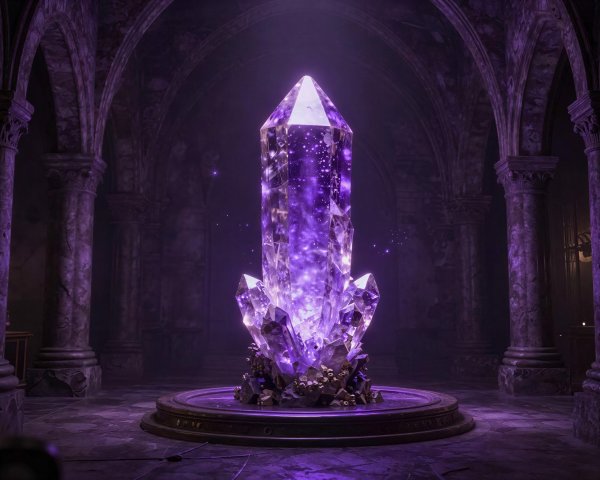Tall Purple Crystal in Ancient Dark Stone Chamber
