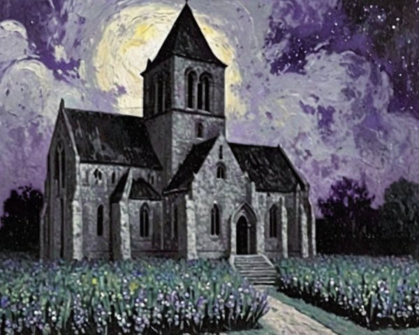 Stone Church Under Night Sky with Vibrant Flowers