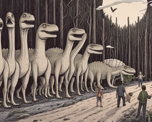 Surreal Forest with Dinosaurs and Curious Humans