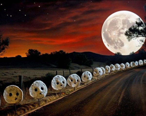 Winding Road with Whimsical Rocks and Full Moon