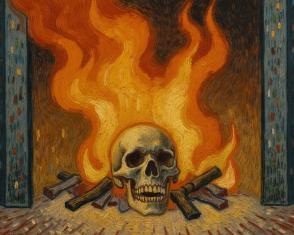 Stylized Skull Surrounded by Flames and Burning Logs