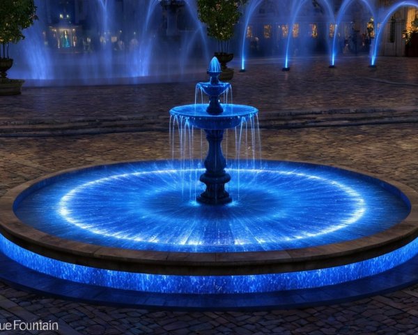 Blue Fountain in Illuminated Plaza with Cascading Water