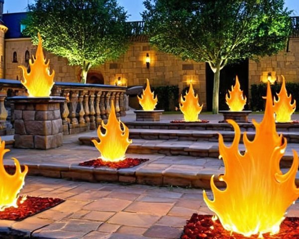 Enchanting Outdoor Scene with Flames and Stone Pathways
