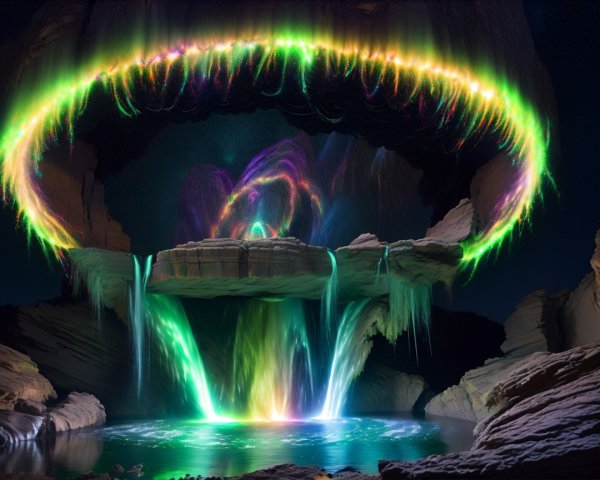 Surreal Landscape with Cascading Waterfalls and Lights