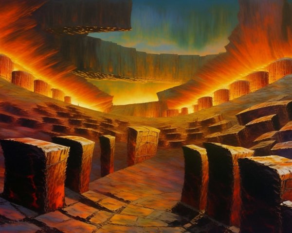 Surreal Landscape with Jagged Formations and Fiery Glow