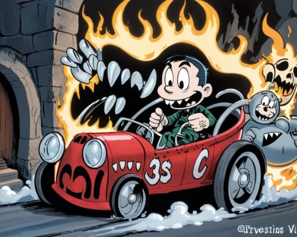 Cartoon Scene of Boy in Race Car with Dog and Flames