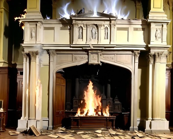 Grand room with ornate fireplace and smoke details