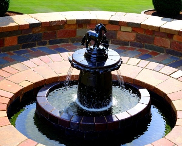 Circular Stone Fountain with Black Horse Sculpture