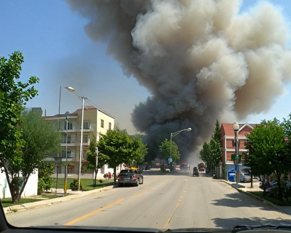 Suburban Street with Fire and Dark Smoke in Sky