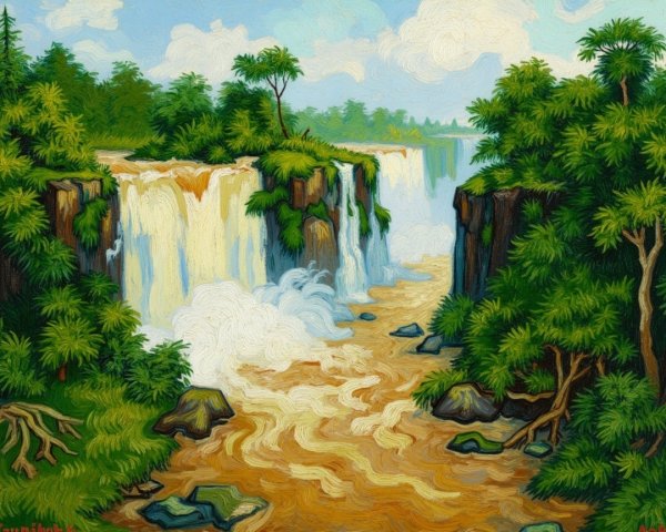 Vibrant Landscape with Waterfalls and Lush Greenery