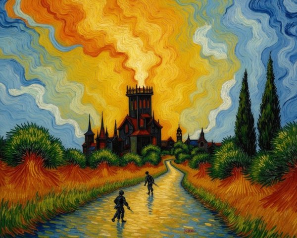Vibrant Landscape with Silhouetted Figures and Castle