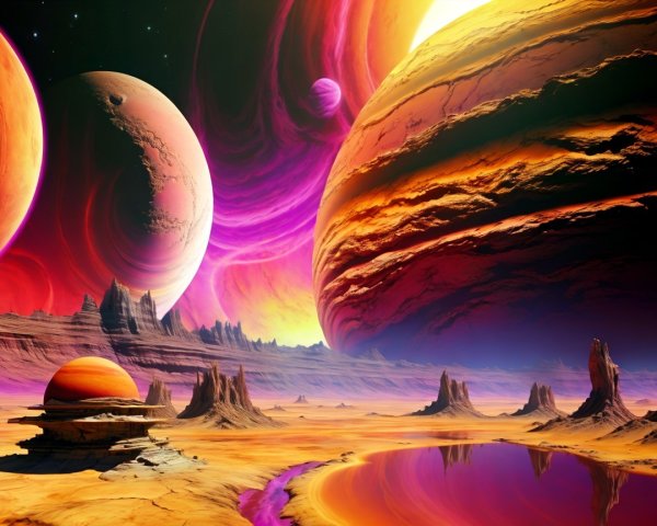 Vibrant Alien Landscape with Colorful Sky and Planets
