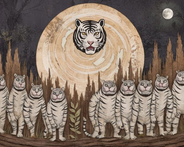 Whimsical Illustration of Cartoonish White Tigers and Moon