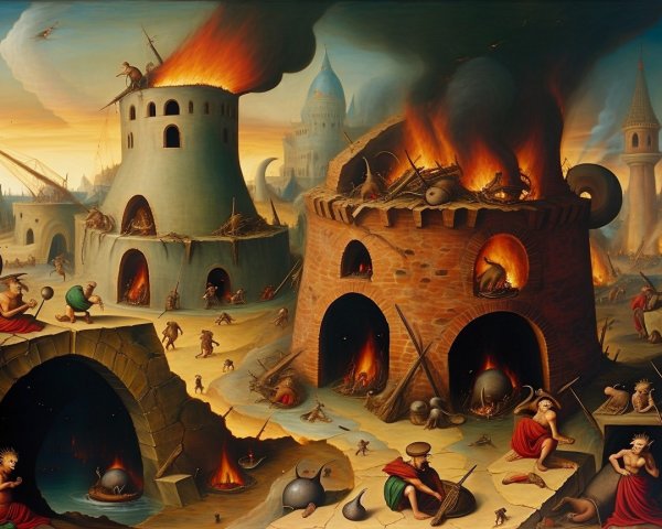 City in Flames with Towering Structures and Smoke
