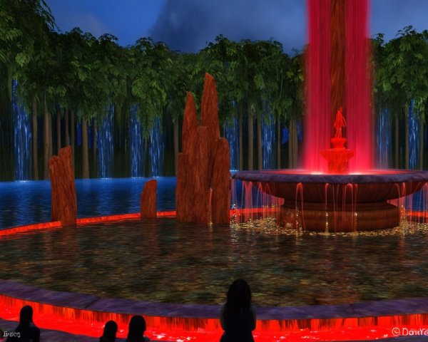Fountain with Red Glow and Serene Surroundings