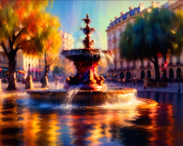 Vibrant Fountain in Autumn Square with Sunset Glow