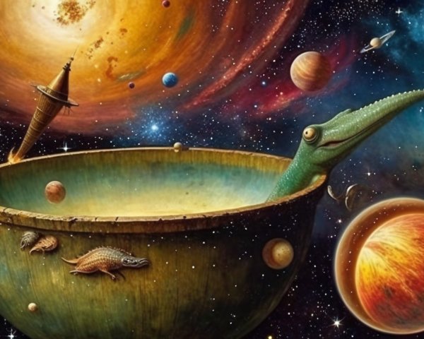 Surreal Cosmic Scene with Floating Bowl and Creature