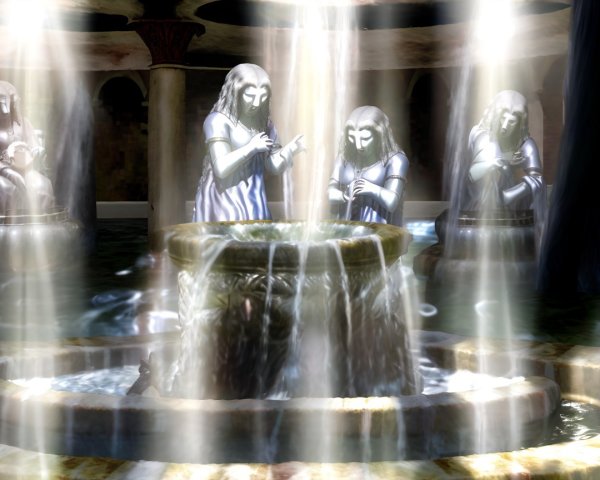 Mystical Chamber with Fountain and Ghostly Figures