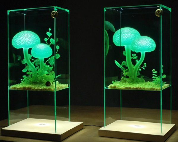 Illuminated Oversized Mushroom Sculptures in Glass Cases