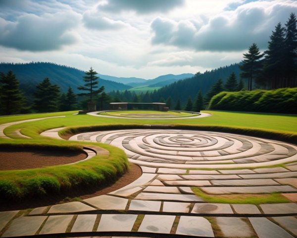 Serene Garden Landscape with Stone Pathway and Trees