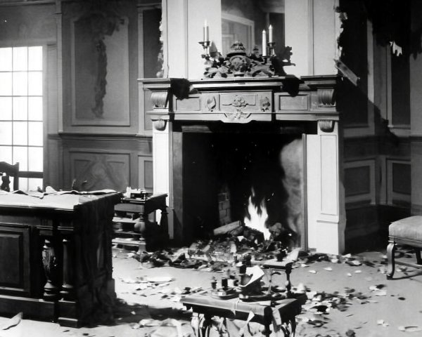 Vintage Room with Ornate Fireplace and Disarrayed Decor