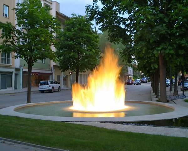 Dramatic fountain with flames in urban green space