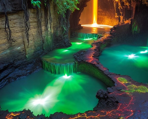 Underground cave with waterfalls and colorful rock formations