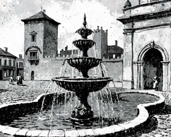 Historic plaza with ornate fountain and ancient tower
