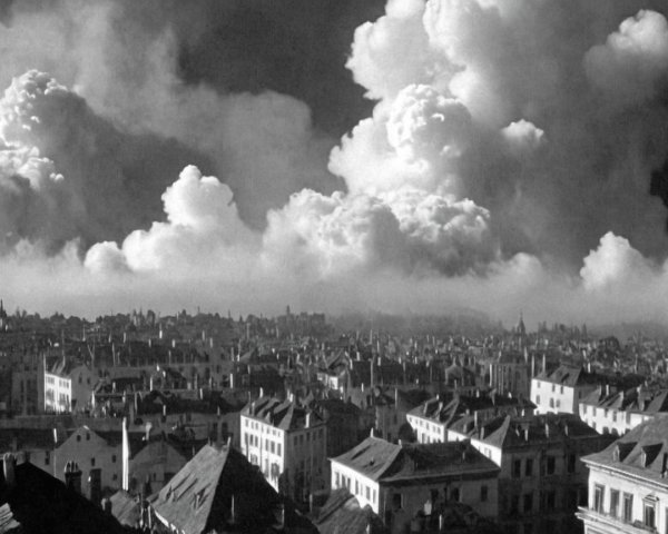 Dramatic Black-and-White Cityscape with Clouds