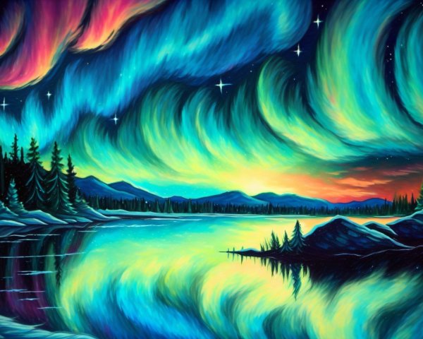 Vibrant Auroras Over a Tranquil Night Landscape