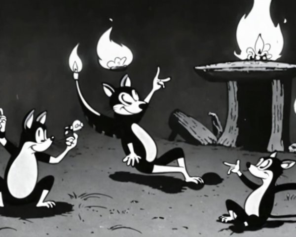 Cartoon Cats with Torches in Whimsical Scene