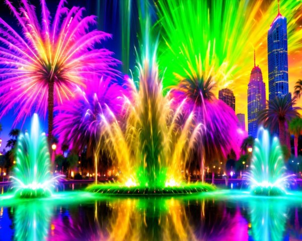 Colorful Nighttime Fountains and Fireworks Display