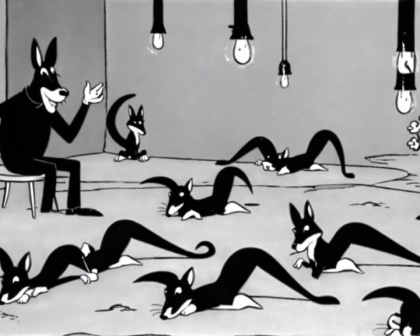 Anthropomorphic Character Telling Story to Dog-Like Creatures
