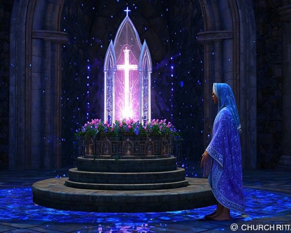 Mystical Scene in a Grand Stone Chamber with Crystal Cross