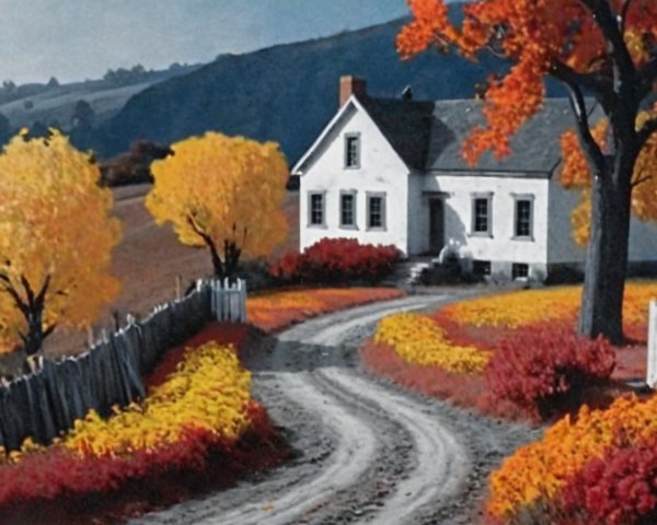 Quaint White House Amidst Autumn Foliage and Hills
