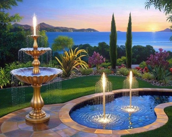 Serene Garden with Golden Fountain and Sunset View