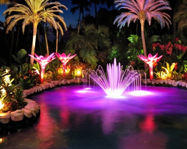 Tranquil Nighttime Pond with Colorful Fountain Display