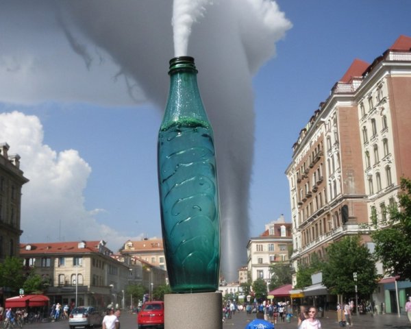 Turquoise Glass Bottle with Smoke in Urban Scene