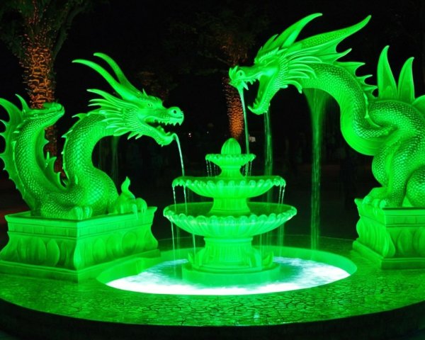 Intricate fountain with green dragon sculptures and water