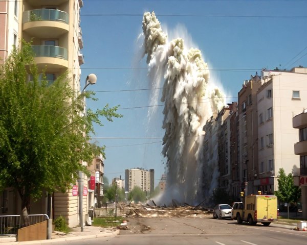 Urban Explosion Creates Dust Cloud and Debris Scene