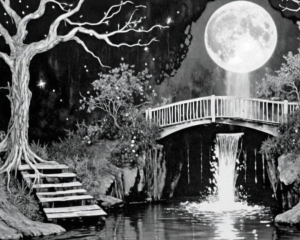 Moonlit Night Over Water with Waterfall and Bridge
