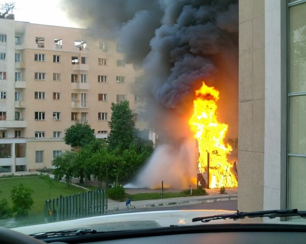 Large building fire with thick black smoke and flames